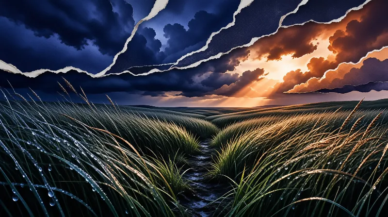 A stream winds through dewy grasses beneath a sky split between a dark storm and a bright sunset.