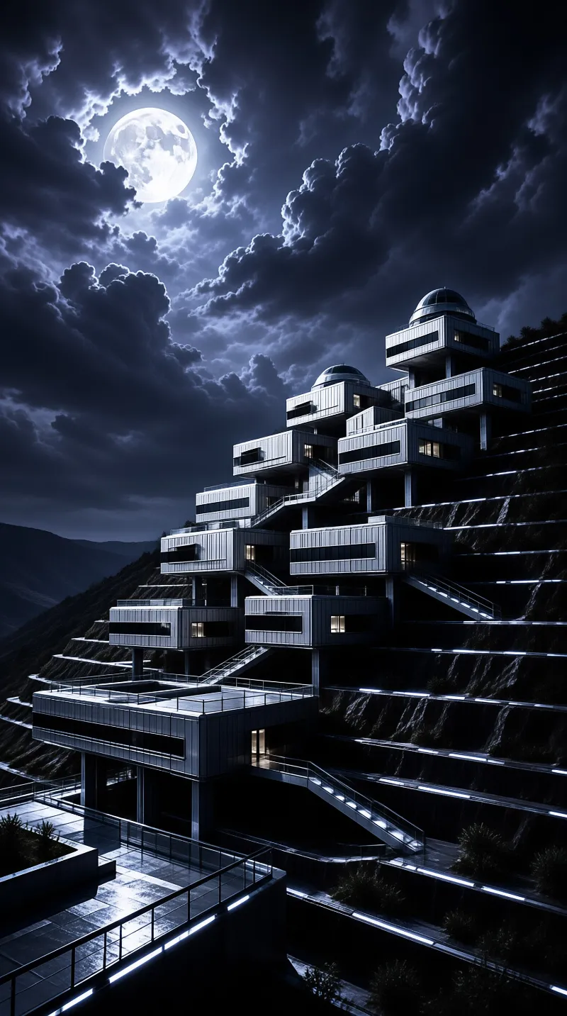 A multi-level architectural complex built into a steep dark slope features stacked rectangular modules with glass domes and illuminated windows while bright white LED strips line the terraces and staircases contrasting with the deep blue night sky filled with dramatic clouds and a large full moon.