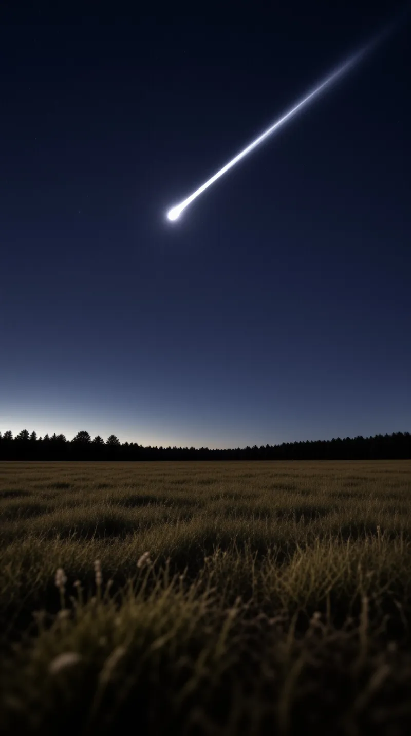 A bright meteor trail crosses the darkening sky above a silhouetted forest and a field of dry grass.
