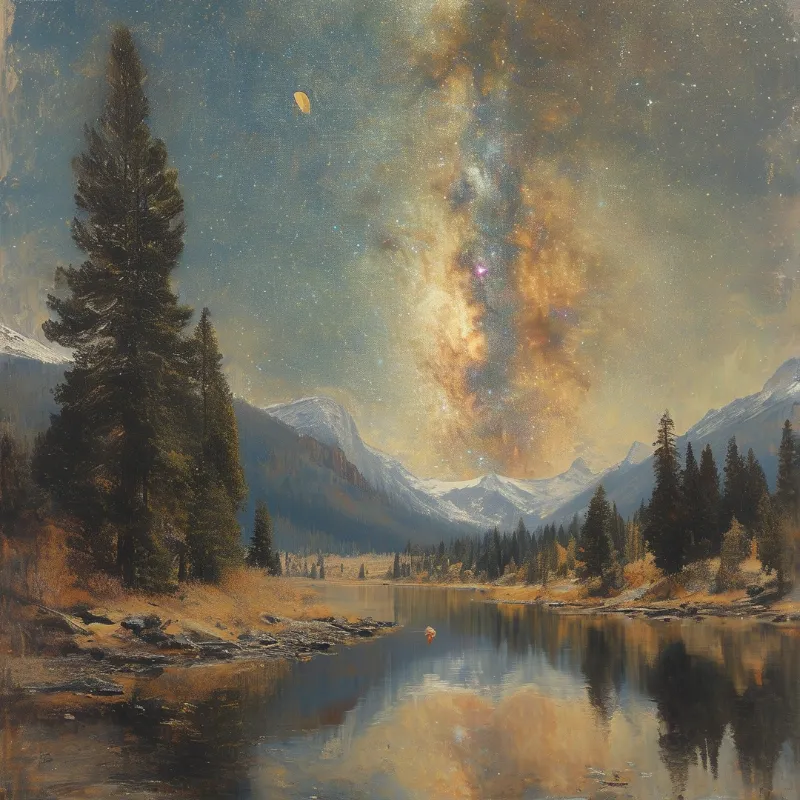 A golden band of starlight arches above dark pines and snow peaks mirrored in a perfectly still lake.