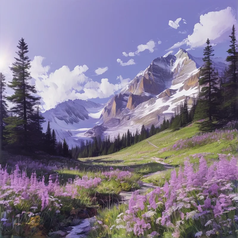 A meadow of purple wildflowers stretches toward snow-capped mountains and evergreen forests beneath a cloudy sky.