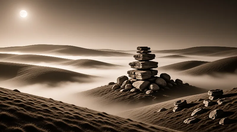 Stacked stones form a cairn on a grassy rise above foggy dunes with a bright sun overhead.