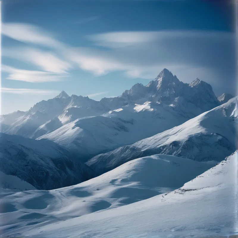 Sharp granite summits rise above rolling snowfields, their slopes textured by drifting wind-blown powder.