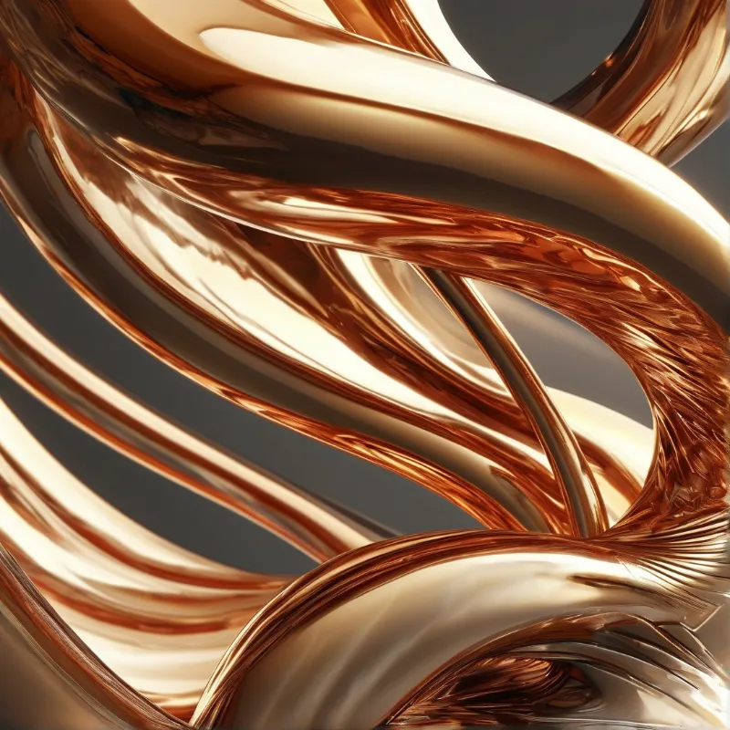 Glossy metallic ribbons intertwine dynamically against a neutral grey backdrop with sharp reflections.