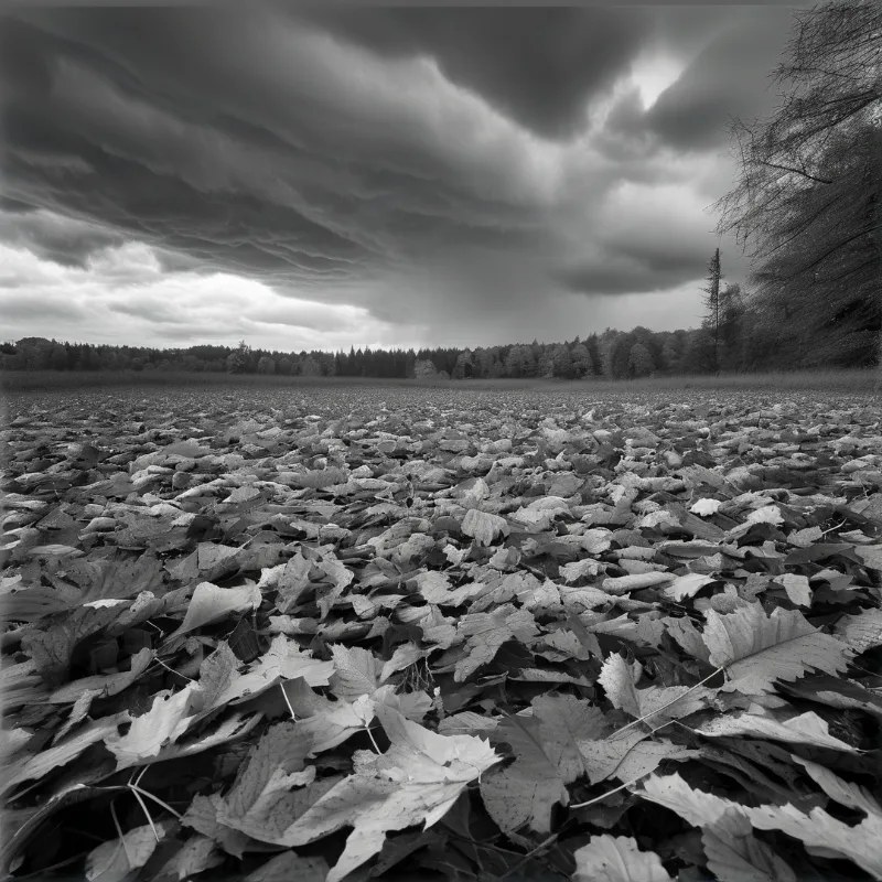 A low wide view across a carpet of dry leaves toward a dark treeline, all rendered in silver grey under rolling cloud.