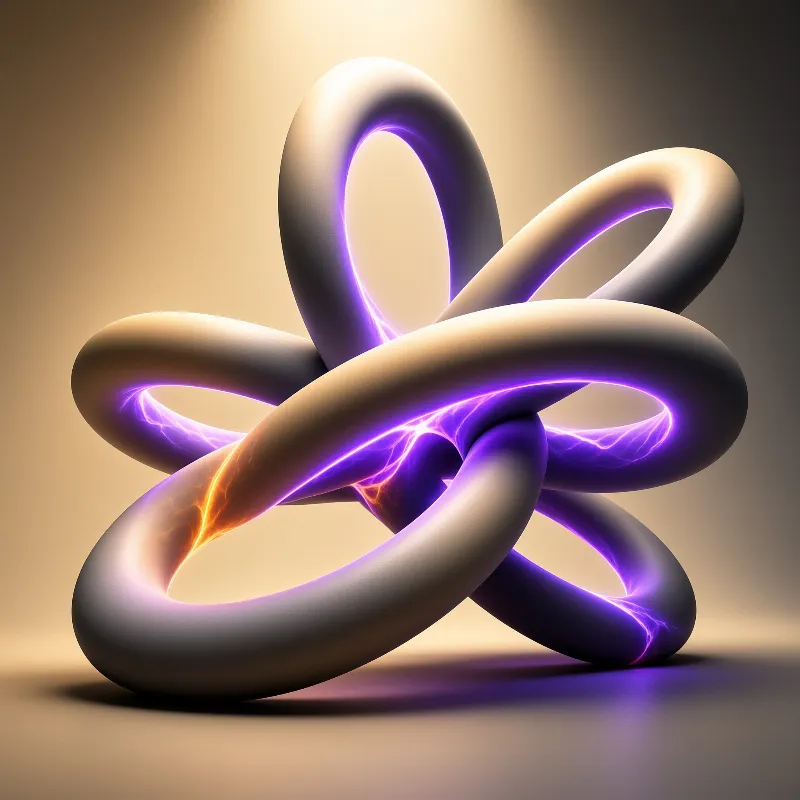 A glossy cream colored ring knot rests against a warm neutral surround while violet energy flickers inside its curves.