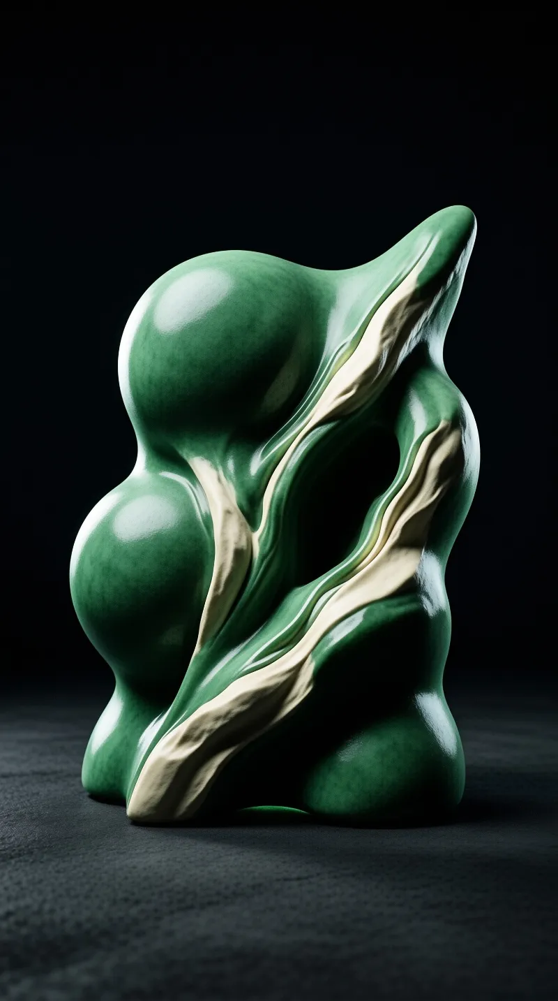 A glossy green abstract object with cream colored veins sits on a dark surface with bright highlights.