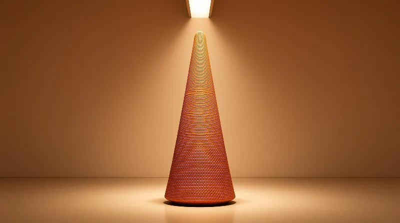 A tall orange cone with a woven texture stands centered in a beige room under a single ceiling spotlight.