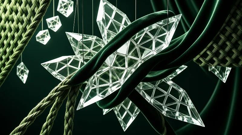 Clear geometric crystal forms hang surrounded by dark green woven ropes and flowing silk against a deep emerald backdrop.
