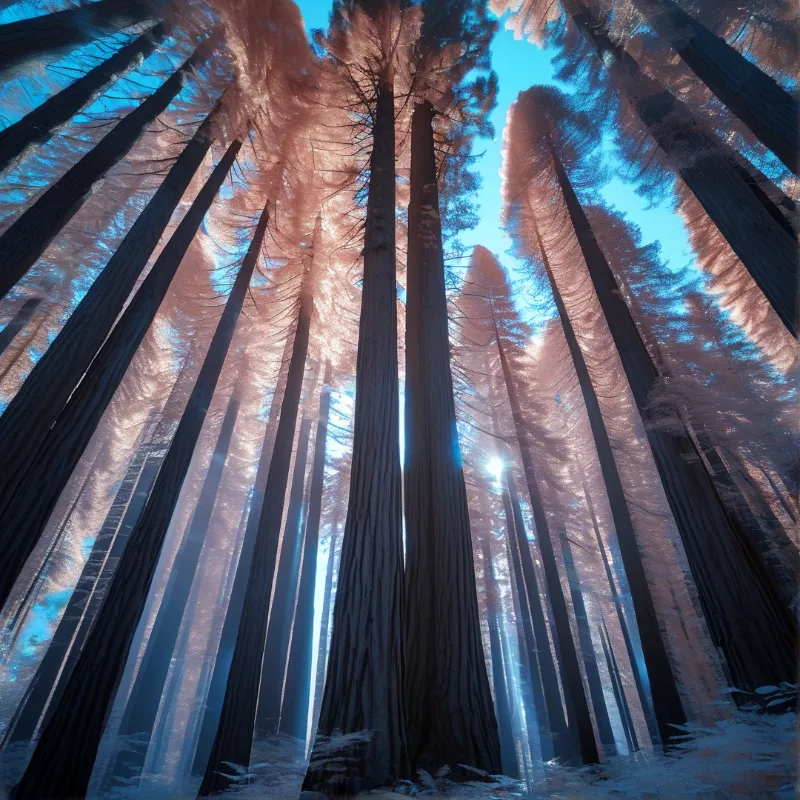 Massive redwood trunks stretch vertically towards a blue sky filled with sunlit pink foliage.