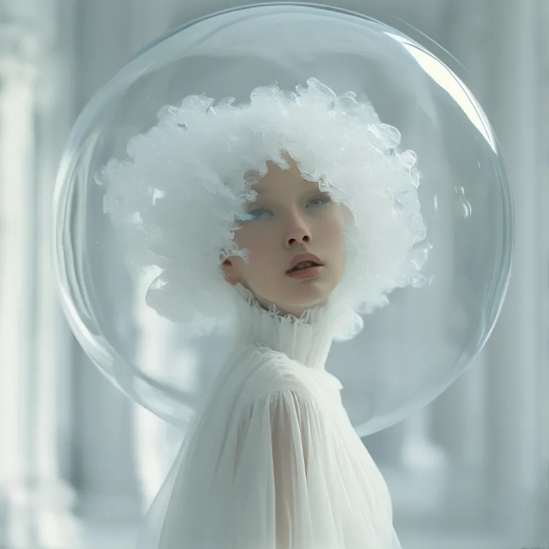 A pale woman with a fluffy white hat looks out from inside a large transparent bubble surrounded by soft white light.