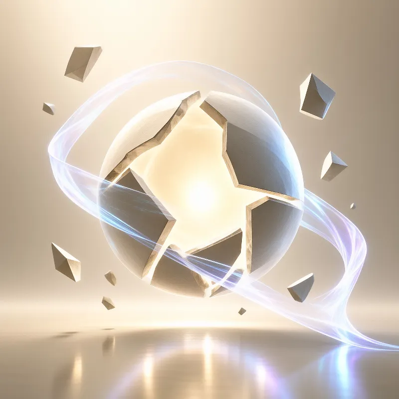 A cracked translucent orb with a glowing interior is wrapped in light ribbons while shards float around it on warm beige.