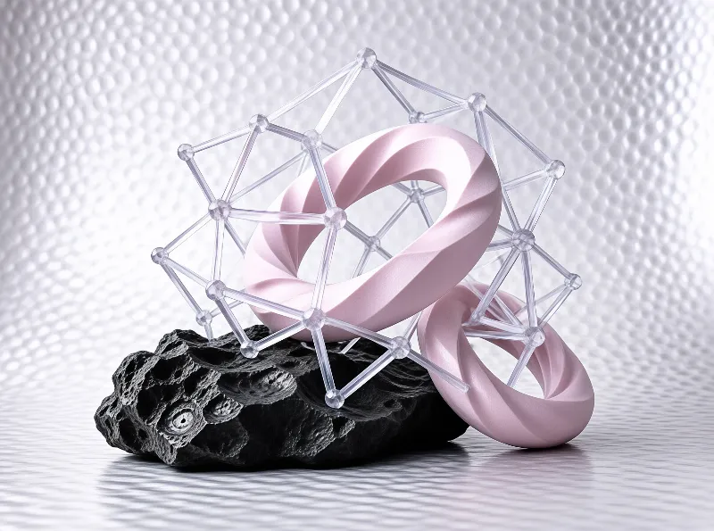 Pale pink twisted torus rings on a dark porous rock within a clear lattice against a white dotted background.