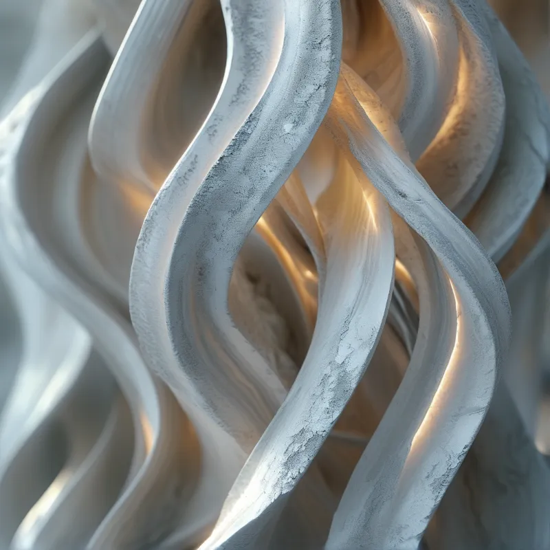 Curved grey stone structures overlap creating depth while bright amber glow spreads between the curved organic shapes.