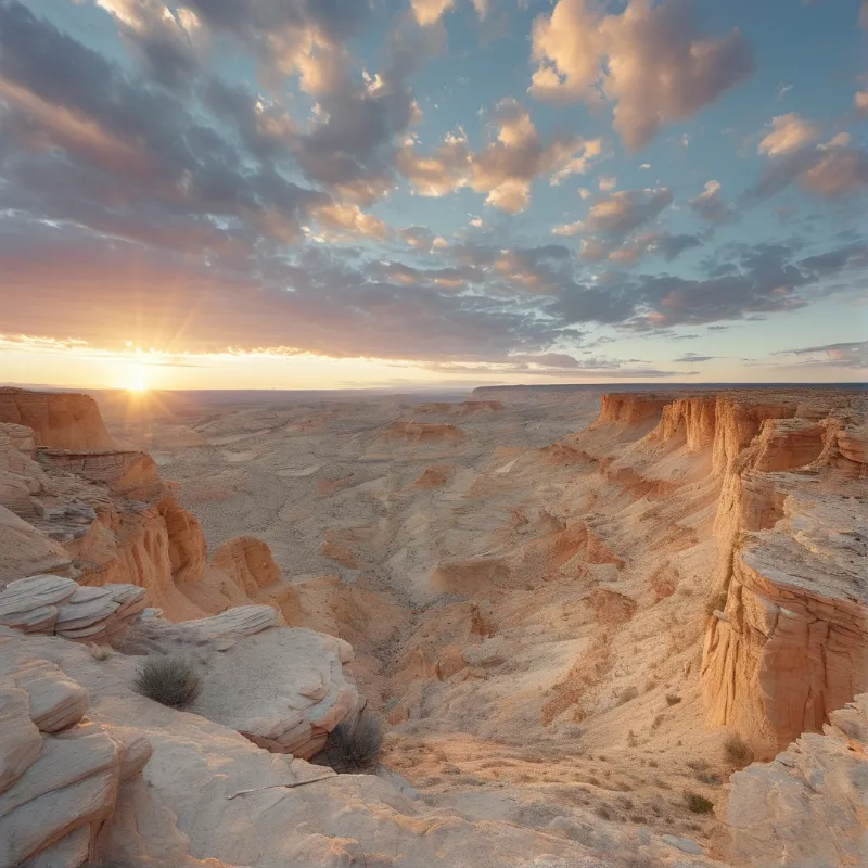 Low sun shines over an eroded sandstone canyon while the sky above fills with pink and grey sunset clouds.