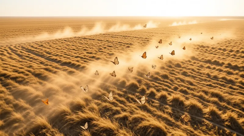 A flock of butterflies flutters above a sunlit wheat field with soft mist rising in the distance