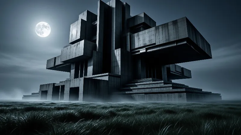 A massive concrete structure rises from a grassy field under a full moon, with layered geometric forms casting sharp shadows.