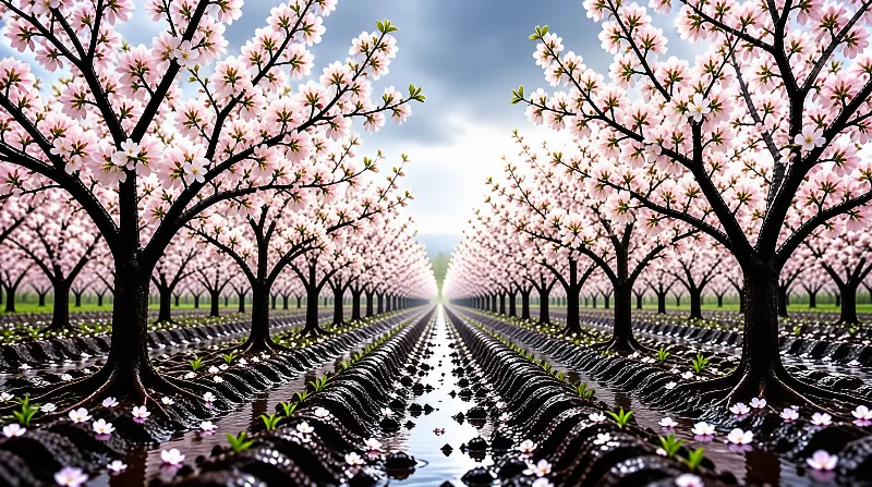 Rows of blooming pink trees flank a dark, wet, reflective water channel with scattered fallen petals under a bright, diffused sky receding toward a distant horizon.