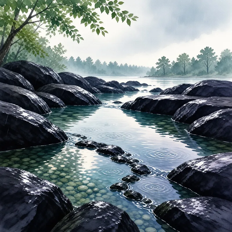 A watercolor scene shows clear water rippling over pebbles between dark rocks while trees frame the misty background.