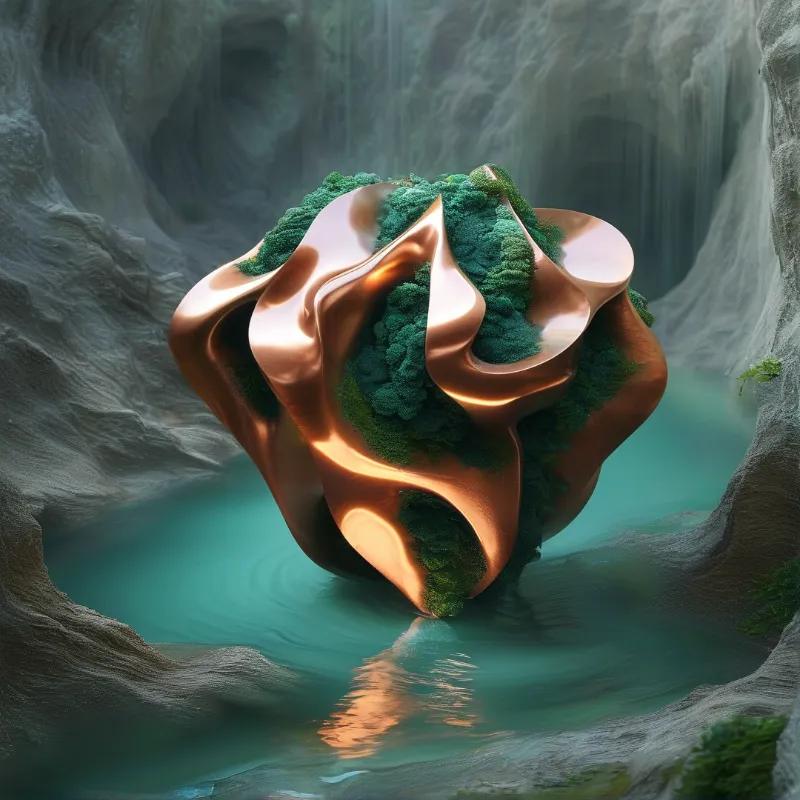 A smooth molten copper textured stone covered in thick green moss hovers partially submerged in the teal clear water of a misty narrow rocky gorge.