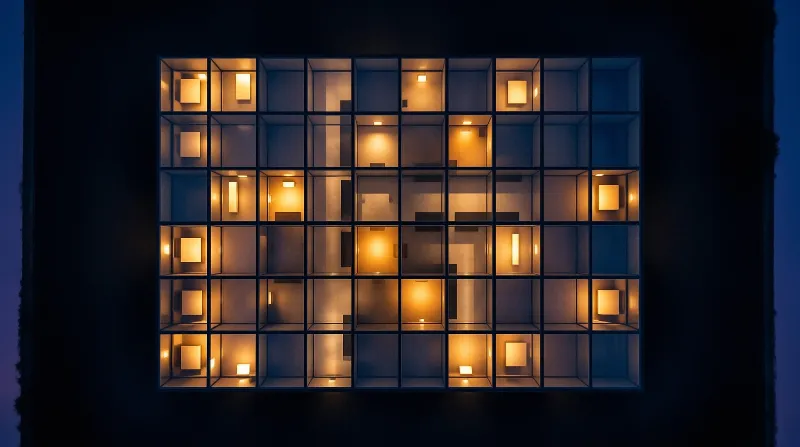 A dark rectangular frame holding a matrix of square cells filled with warm glowing lamps set against a deep blue evening sky.