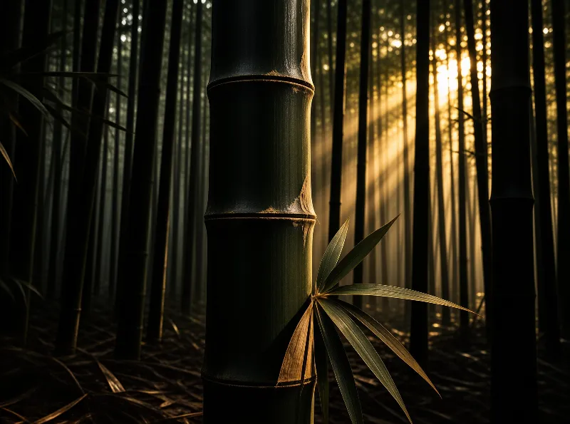 A dark bamboo stalk with small leaves stands in a forest bathed in golden sunlight.