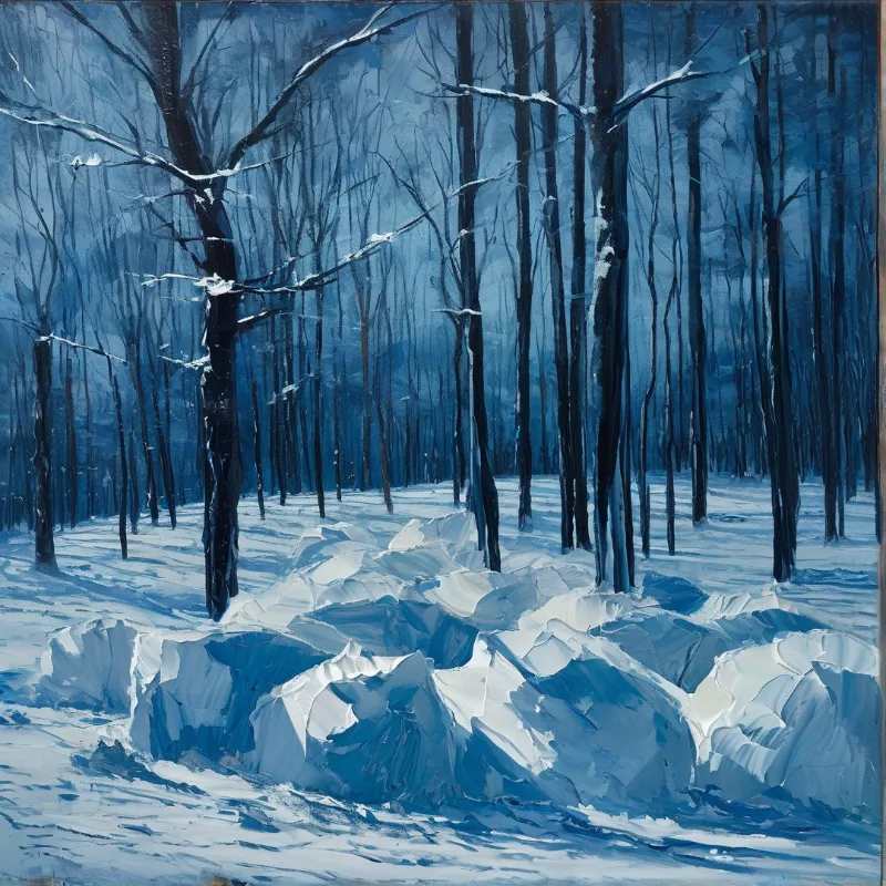 An oil painting of a cold blue winter forest with thick impasto snowdrifts beneath dark tree trunks.