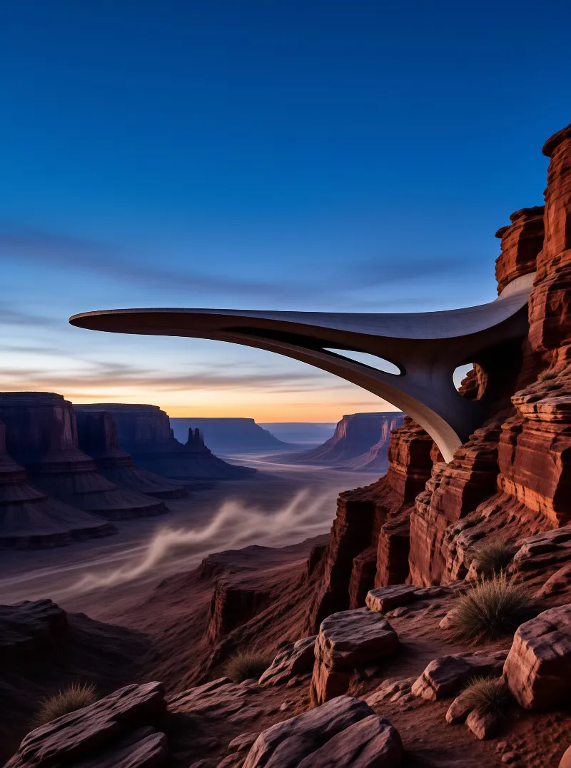 A sleek white structure extends from a red sandstone cliff, overlooking a vast desert canyon during twilight.