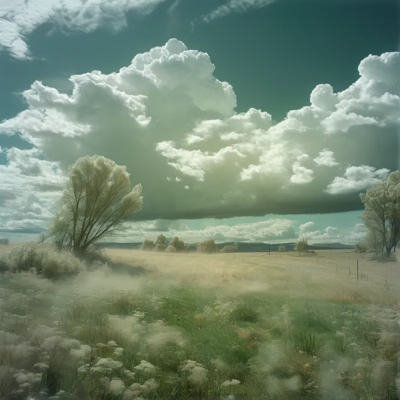 A painterly rural scene where a bright meadow of wild grass and willow trees sits under a huge white storm cloud.