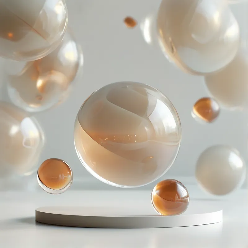 Translucent and amber glass spheres float in a bright white space, while one rests on a low circular podium.