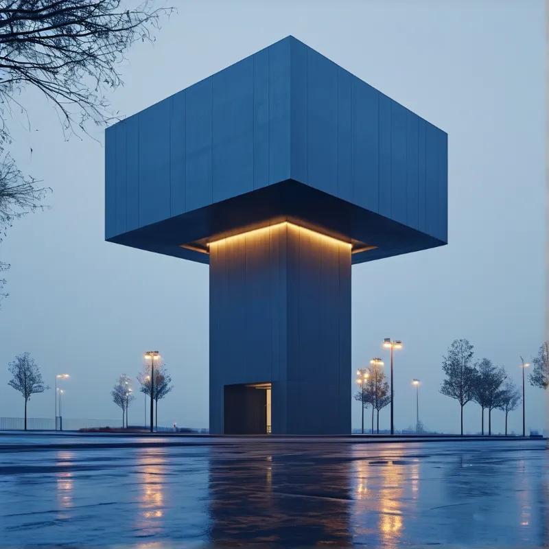 A monumental angular structure with a smooth facade and illuminated base stands on a rain-soaked plaza surrounded by bare trees and streetlights under a dim twilight sky.