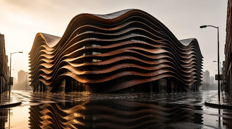 Undulating copper architecture dominates a wet city street under soft golden sunlight.