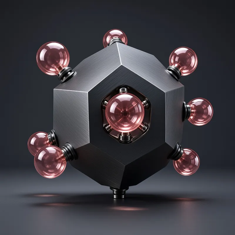A faceted dark steel shape sprouts translucent pink spheres, set against a smooth gray studio backdrop.