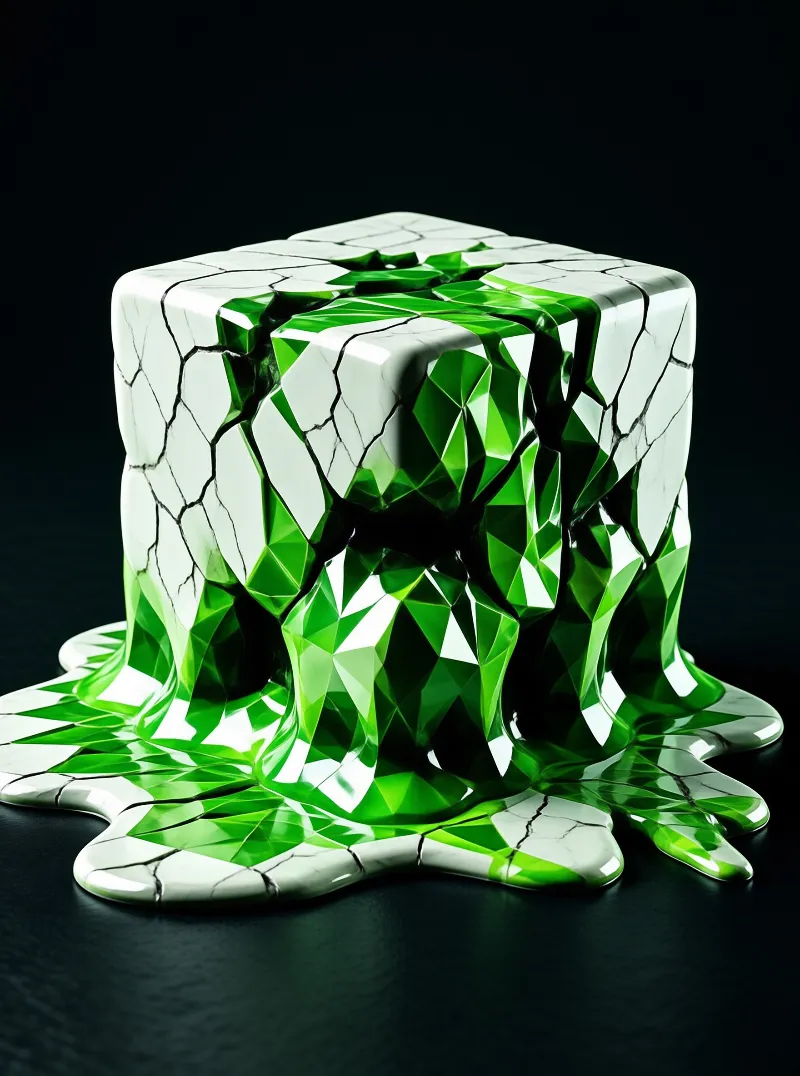 A cracked white cube on a black surface oozes bright green faceted material that spreads across the base.