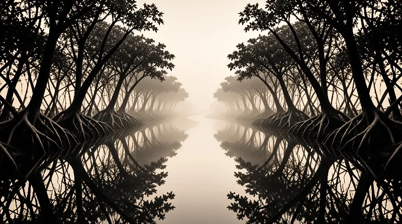 Dark tree roots line a foggy channel reflecting the forest silhouette in a symmetrical monochrome composition.