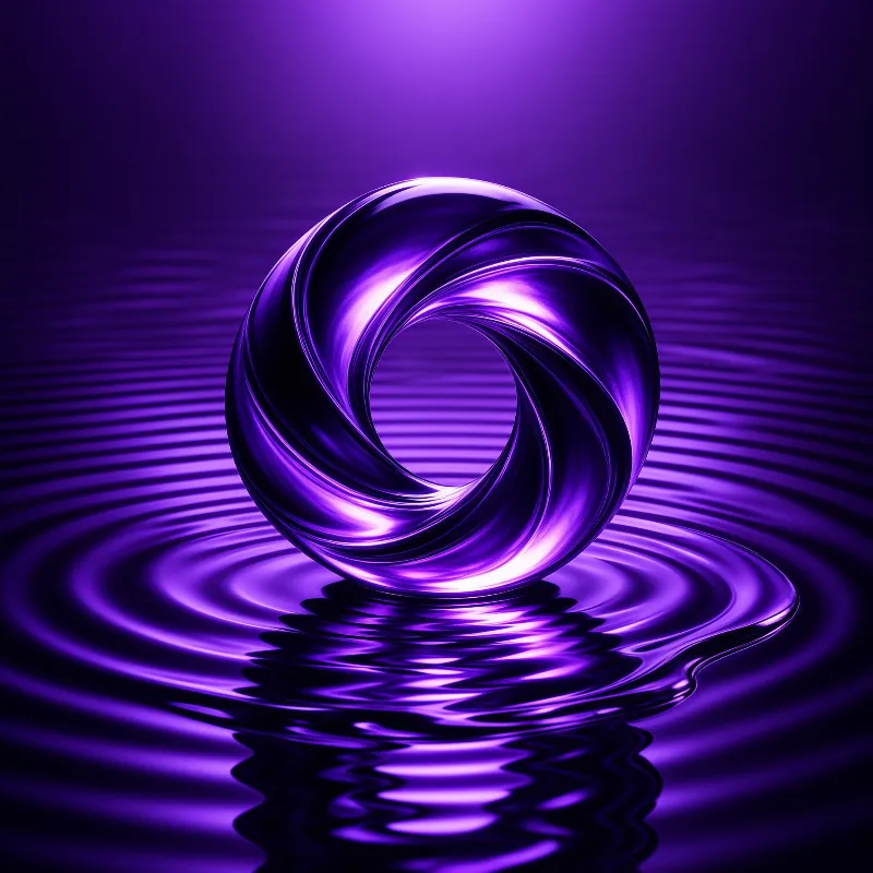 A luminous twisted purple ring hovers over a dark rippling surface casting a distorted reflection.