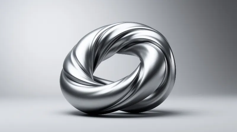 A smooth twisted metallic ring with flowing spiral contours sits centered on a seamless pale grey studio surface, with soft even lighting casting a gentle shadow beneath it.