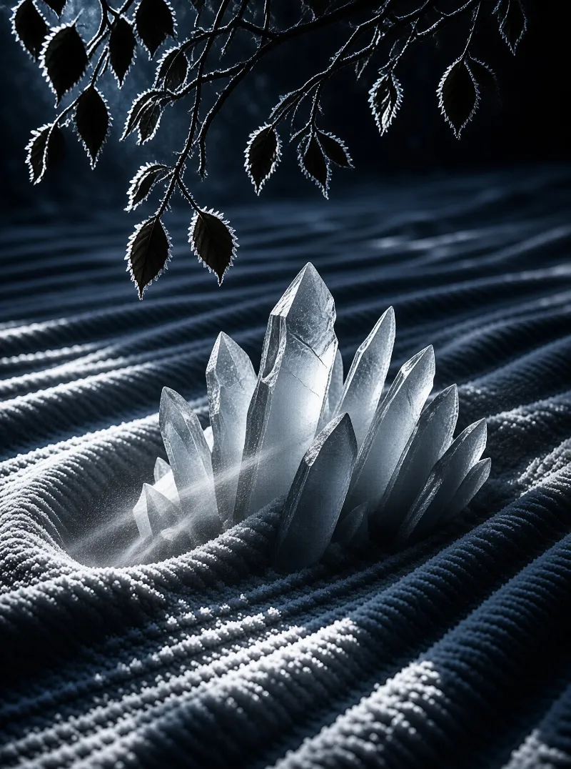 Glossy crystal shards emerge from a rippled blue surface beneath branches encased in white ice.