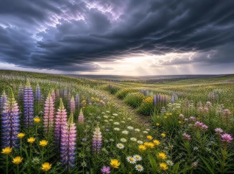 Wildflowers Under Storm Clouds