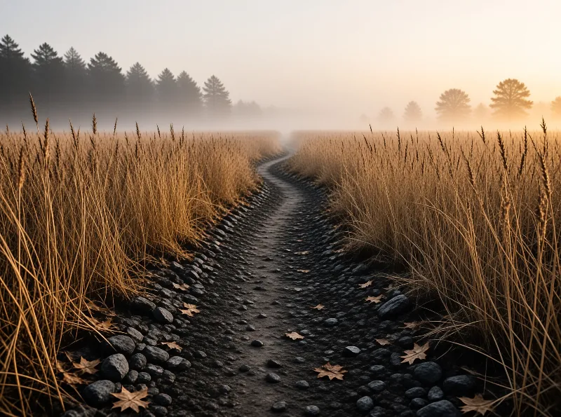 A gravel track curves amidst tall golden grasses towards a forest shrouded in heavy morning fog.