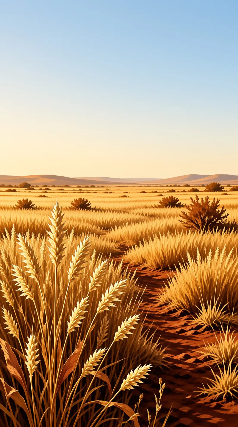 Close ripe wheat stalks rise above a red dirt path that leads toward dry shrubs and low hills under a clear blue sky.