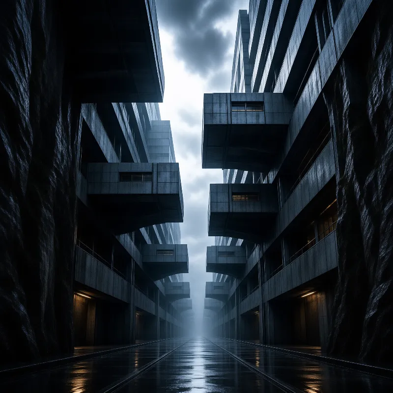 Towering raw concrete walls with cantilevered balconies frame a wet reflective walkway beneath a moody overcast sky.