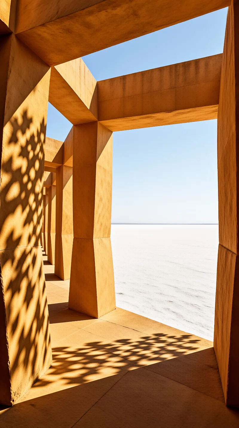 Thick ochre pillars and beams open onto a blinding salt pan while lattice shadows stripe the floor.