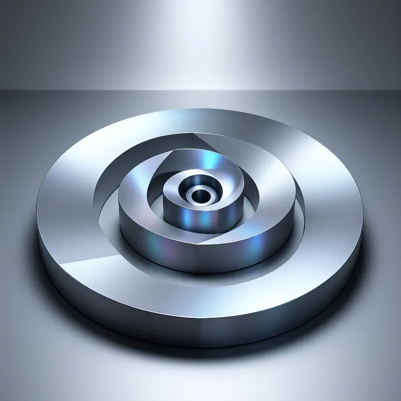A 3d render of nested silver discs forming a vortex with soft lighting and iridescent blue highlights on the edges.