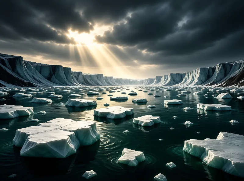 Sunbeams break through dark clouds over an arctic channel crowded with ice floes between towering frozen walls.