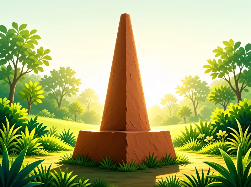 A tall ochre cone rises from a stone pedestal in a stylized green park filled with layered trees and soft morning haze.
