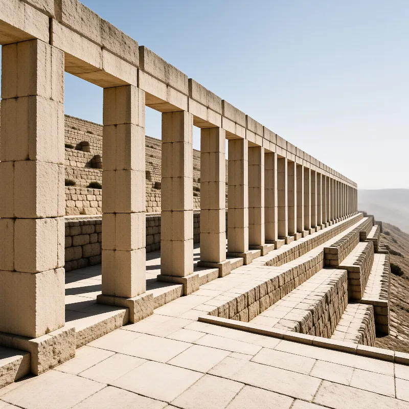 Square pillars create a rhythmic archway along a sunlit terrace backed by a massive stone wall.
