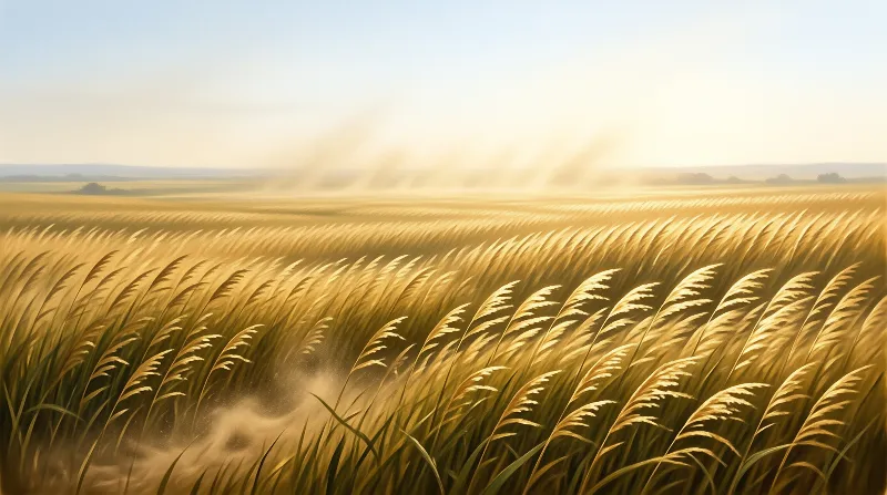 Tall ripe grain stalks stretch across a wide landscape under a bright sky with visible beams of sunlight.