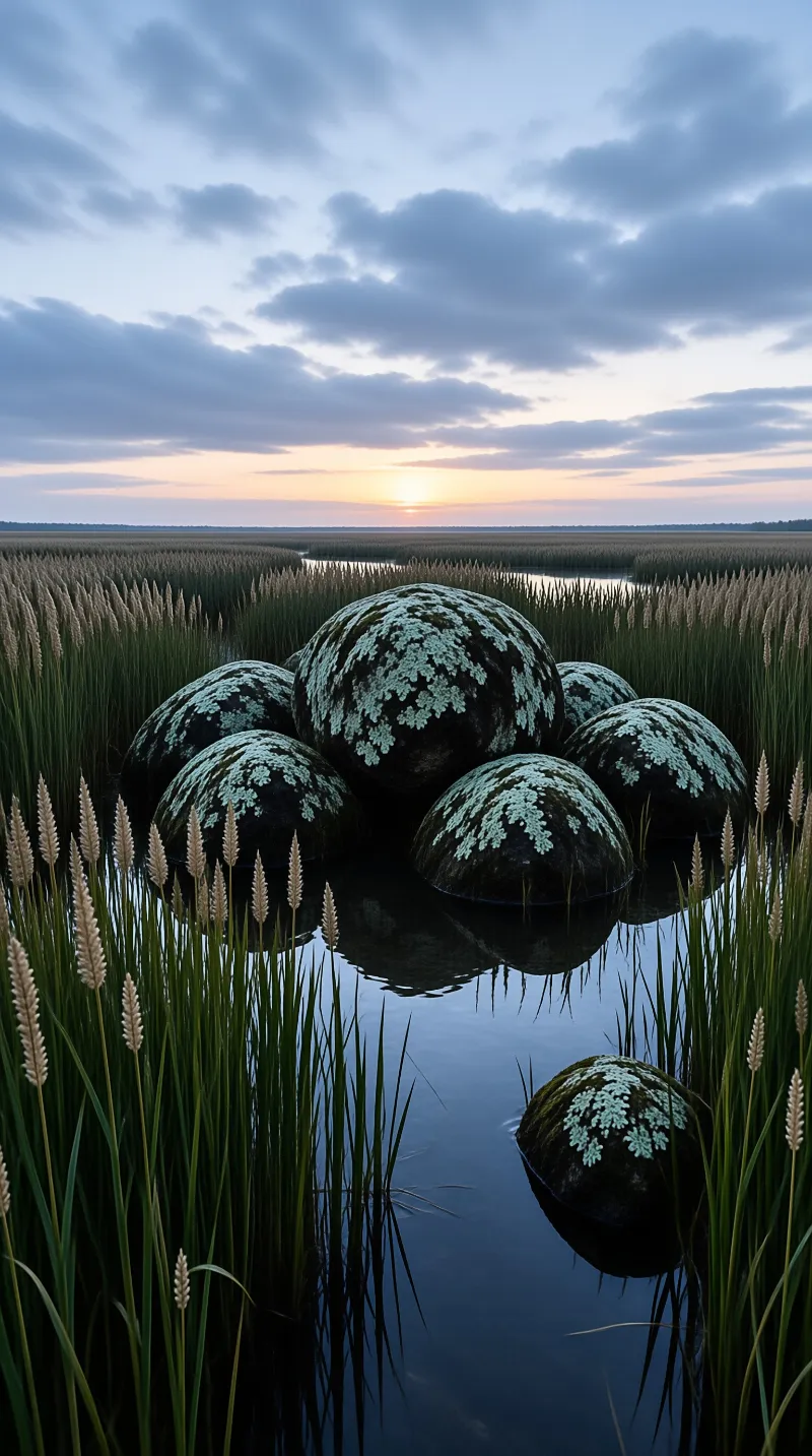 Large lichen covered boulders rest in calm water amidst tall marsh reeds under a cloudy sky with a setting sun.