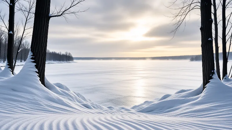 Bare dark tree trunks and wind sculpted snow banks frame a calm frozen lake with low mist under a pale overcast dawn sky.